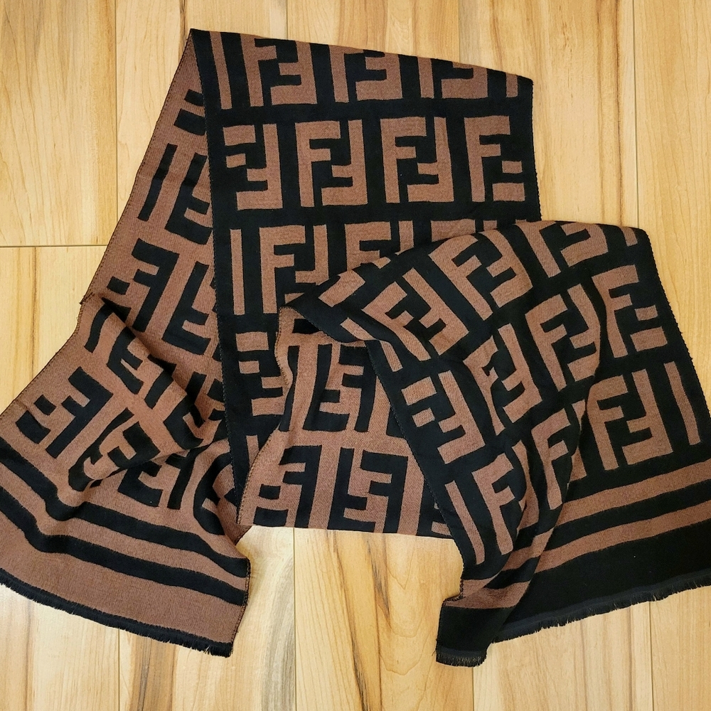 Fendi Vintage Black Tan Scarf 2 Tone FF logo Zucca 90s